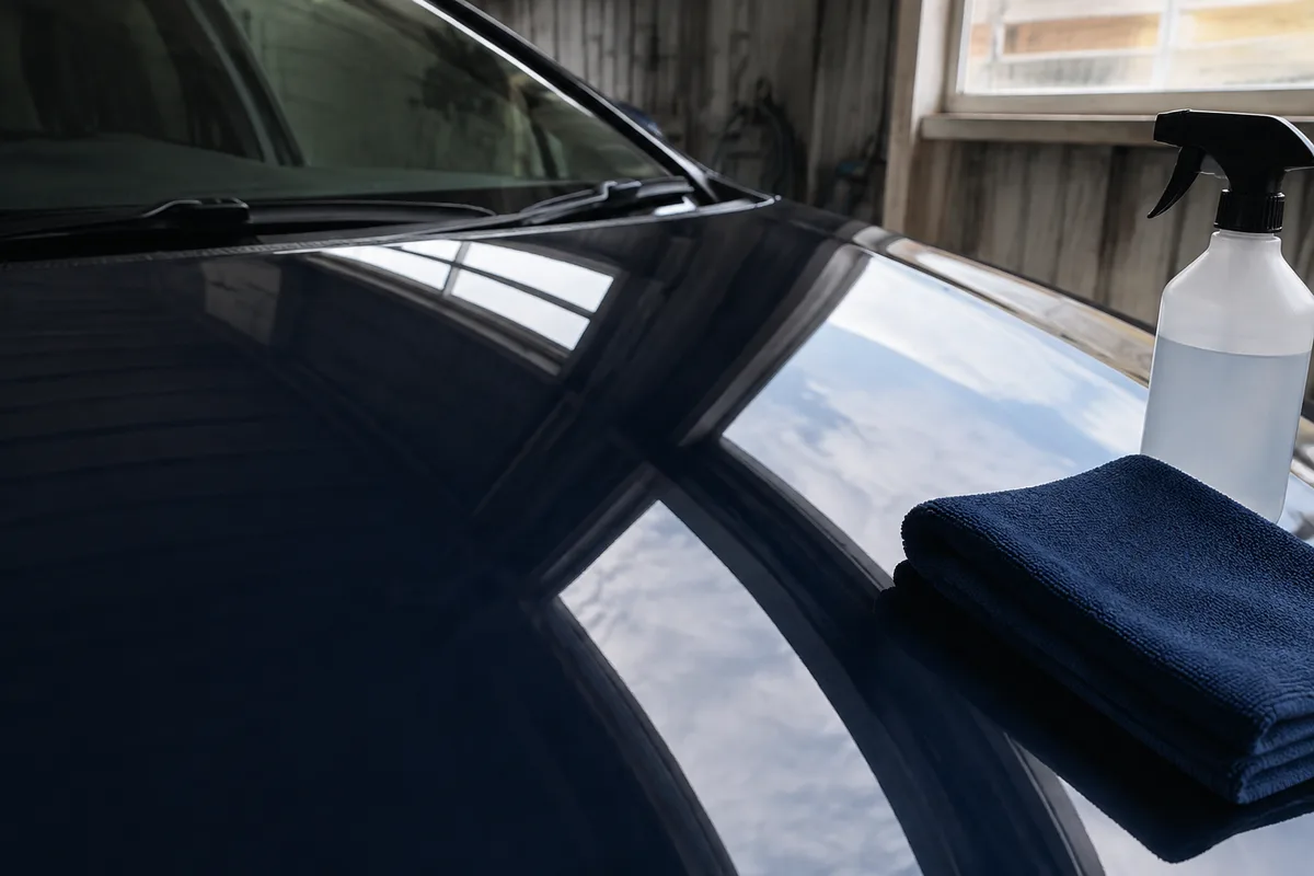 濃紺の車の塗装面と手入れ用品のイメージ